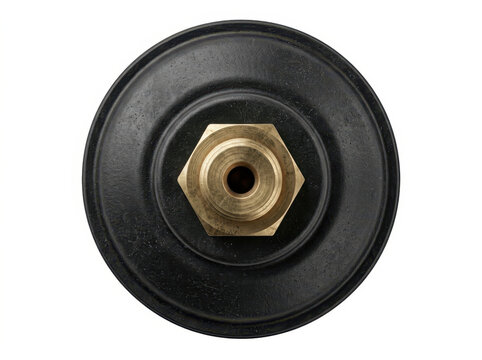 Black rubber wheel with brass center hub mounted on a white background.