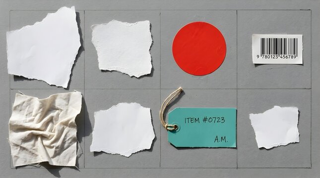 Collage of torn paper pieces and price tags on gray background with paper scraps