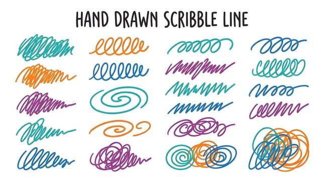 Colorful hand drawn scribble line collection isolated on white background with colored lines