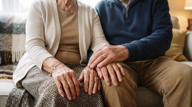 Senior husband comforting his wife by gently holding her hand while sitting together on cozy couch in comfortable living room interior.