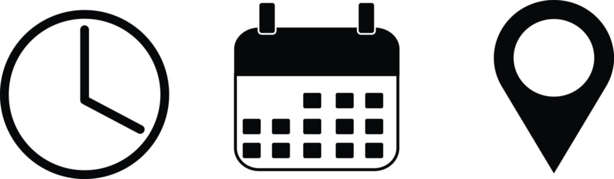 Vector Clock Location Pin Calendar Icons Set &ndash; Time Date Schedule Navigation Outline Symbols