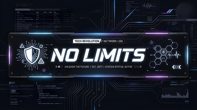 Futuristic cyberpunk banner with text no limits and glowing blue and purple cyber frame