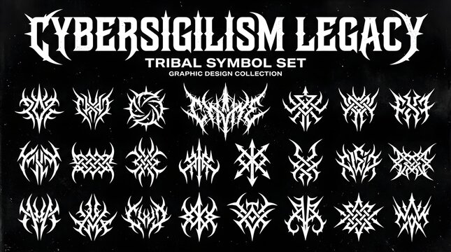 Set of cyber sigilism and tribal graphic symbols in white on a black background with vector design