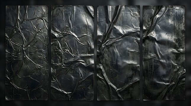 Dark abstract metallic texture with intertwined tree branch patterns in four panels