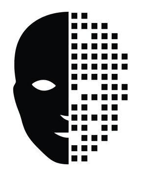 Digital human face icon with abstract pixelated data pattern