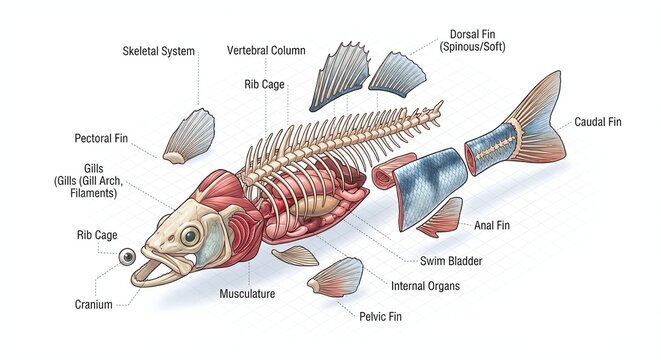 3d object, isometric view, isolated white background, exploded view, concept art, graphic resource, object, part, inside, Disassembly, render, illustration, Separate pieces, diagram, fish