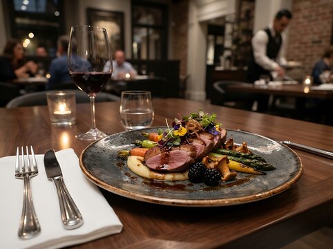 Gourmet Duck Breast Entree Served with Seasonal Vegetables and Red Wine in an Elegant Upscale Restaurant Setting