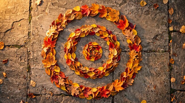 Concentri circles arranged with vibrant autumn maple leaves on a rustic stone patio background representing the seasonal transition of fall