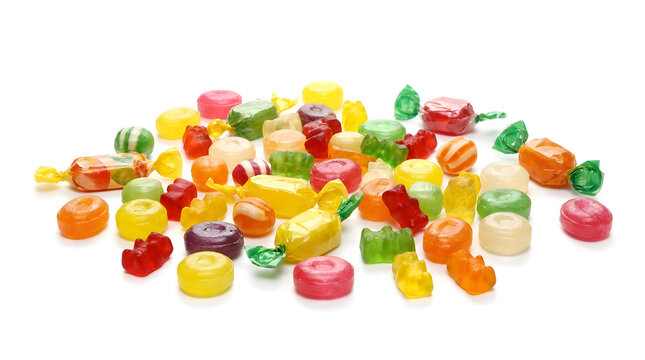 Pile of colorful assorted hard candies on white.