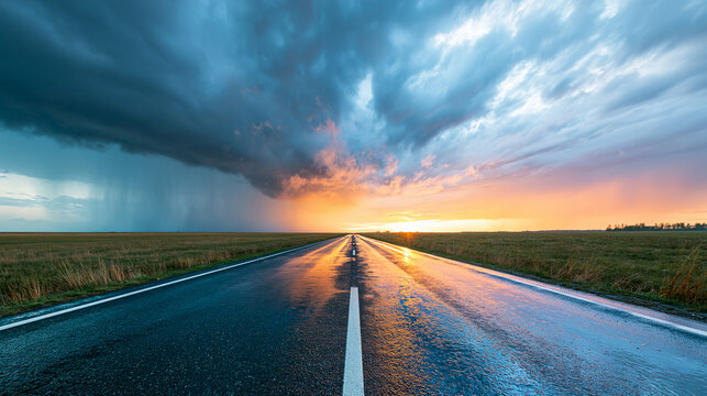 A wet road stretches into the horizon under a dramatic sky with dark storm clouds on one side and a glowing sunset on the other.