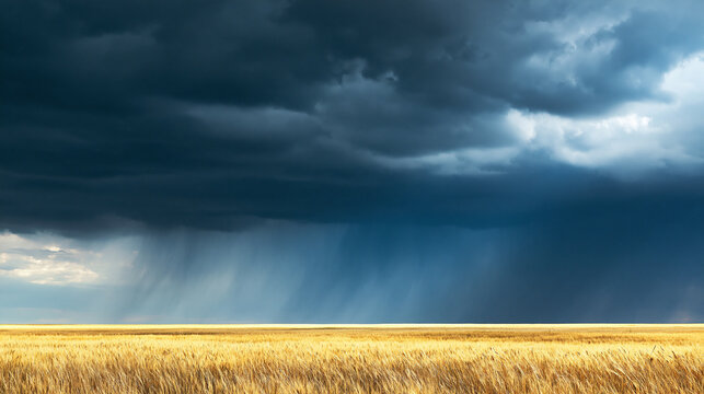 Dark storm clouds gather above a golden wheat field, with heavy rain falling in the distance under a dramatic sky.