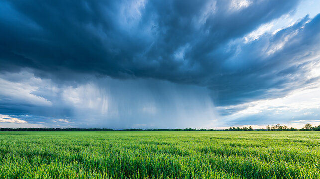 A dramatic storm clouds gather over a vast green field, with rain visibly falling in the distance under a moody sky.