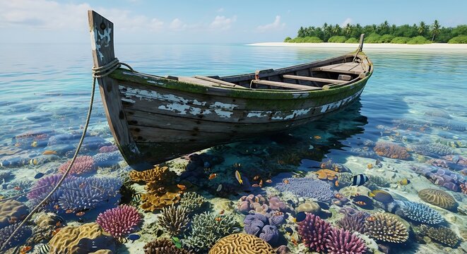 Old wooden boat anchored over a colorful coral reef in shallow tropical ocean water