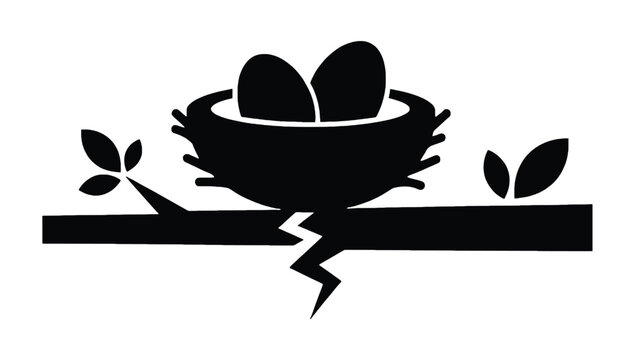 Black silhouette icon of a bird nest with eggs on a tree branch