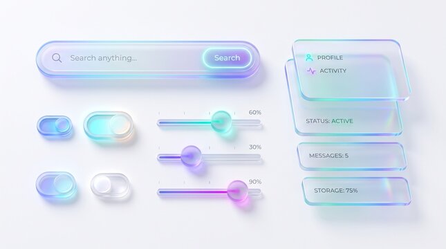 Set of 3D frosted glassmorphism UI toggle buttons and widget cards isolated