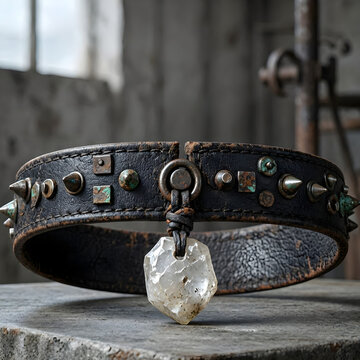 
Gothic Black Leather Choker with Metal Spikes and Raw Crystal Pendant