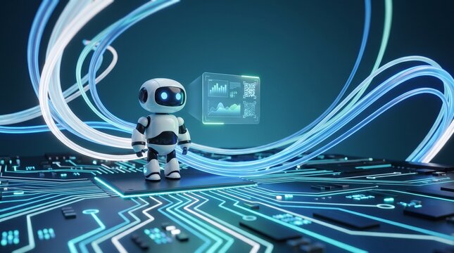 AI Agent technology concept with small robot and light cables