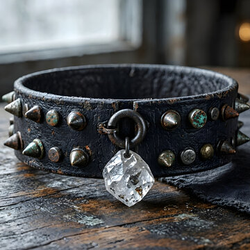 
Gothic Black Leather Choker with Metal Spikes and Raw Crystal Pendant
