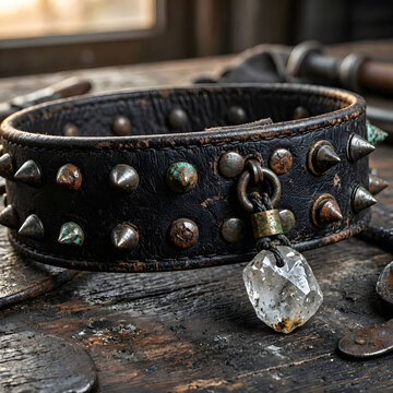 
Gothic Black Leather Choker with Metal Spikes and Raw Crystal Pendant