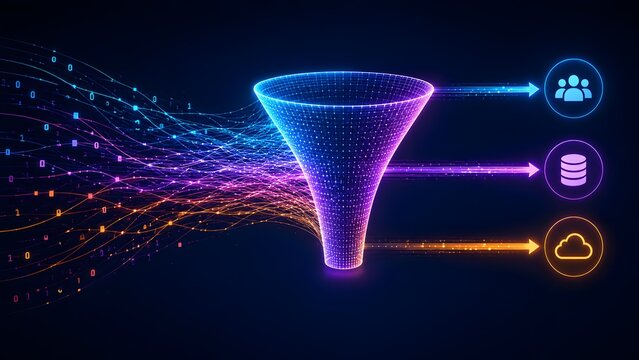 Digital sales funnel concept filtering complex binary data streams into organized cloud storage and user network icons