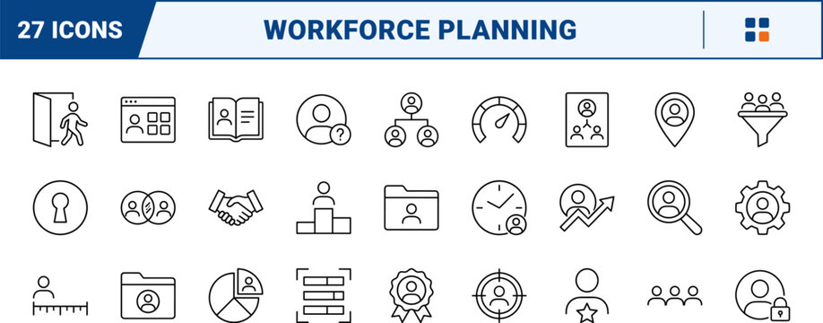 Workforce Planning line icon set. Vector pictograms of human resources, personnel management, talent allocation, and staffing strategy elements, thin linear illustration.