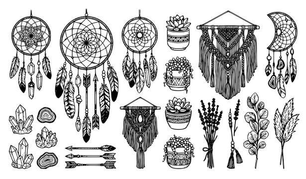 Bohemian dreamcatcher feathers crystals macrame and succulent decor vector set