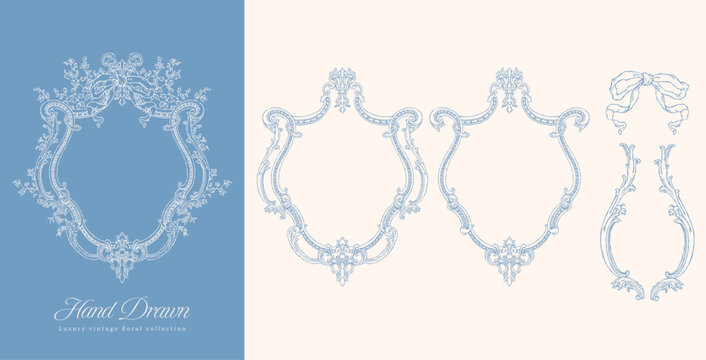 Vintage Rococo Frame Vector Set, Antique Engraving Ornaments with Ribbon, Luxury Decorative Border for Wedding Design
