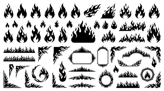 Collection of black flame silhouettes and fire design elements on white background with flame shape