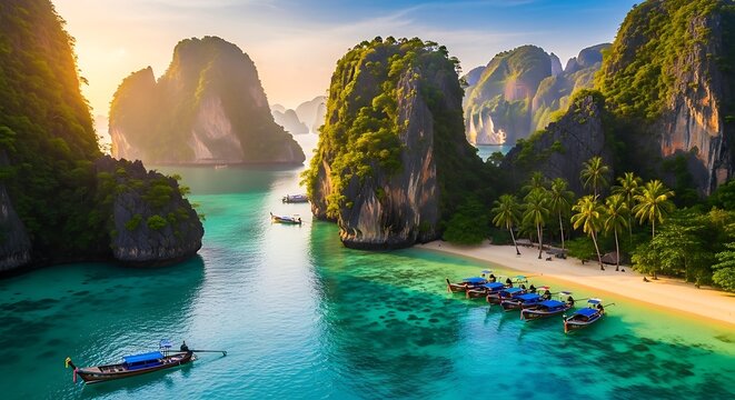 Tropical bay with limestone karst formations and longtail boats floating in clear turquoise water