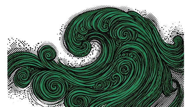 Detailed green halftone ocean wave graphic illustration with swirls halftone pattern stippled art