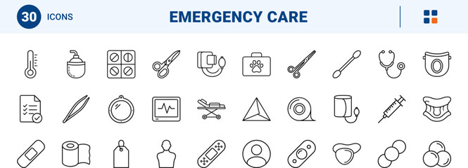 Fototapeta premium First aid training kit line icon set. Vector pictograms of medical emergency, safety equipment, trauma care, and healthcare response elements, thin linear illustration.