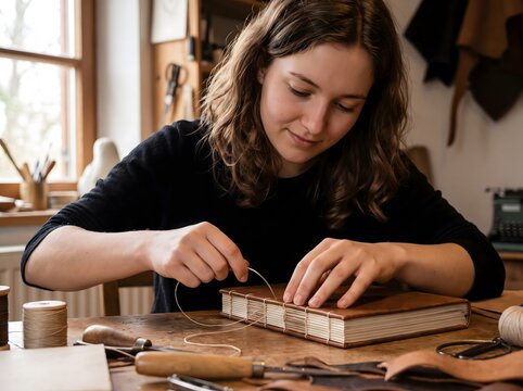 Woman hand sewing leather book binding in workshop