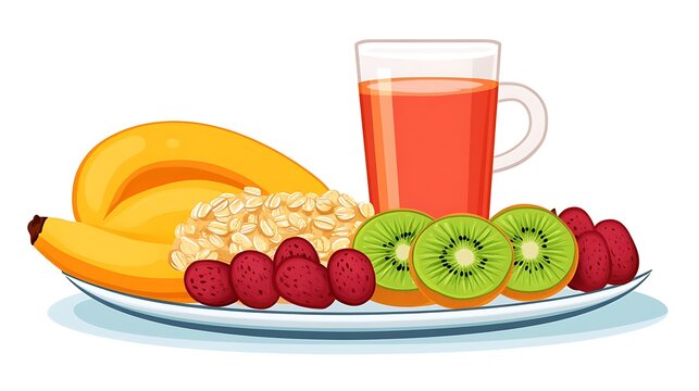 Healthy breakfast platter featuring fresh yellow bananas, sliced green kiwis, red berries, oatmeal, and a refreshing glass of juice