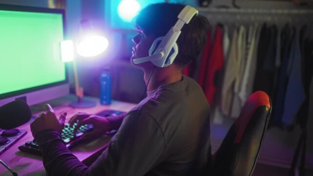 Man wearing white headset smiling with hand on head at computer desk with keyboard and red gaming chair in studio; friendly focus.