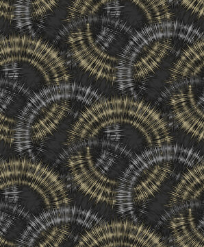 Seamless cyber modern texture with sharp silver and gold waveforms interfering on a black background for wallpaper