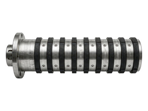 Stainless steel cylindrical pipe fitting with flanges and rubber gaskets on a neutral background.