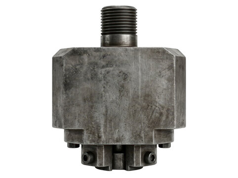 Rusty industrial valve with threaded connections against a neutral background.