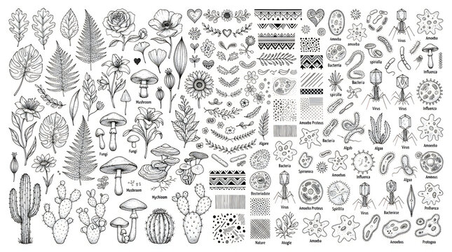 Collection of various cactus and succulent plants in black and white vector illustration