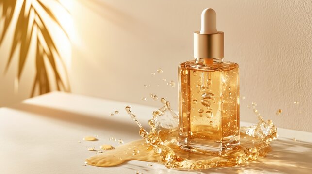 Luxury skincare serum bottle with golden liquid splash and palm leaf shadow for beauty branding