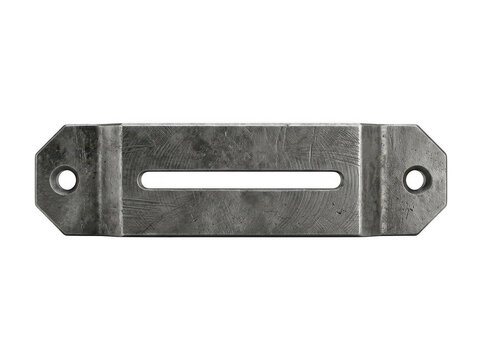 A metal latch with a horizontal slot for securing equipment or furniture.