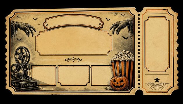 Old halloween cinema ticket frame design with popcorn and spooky zombie hands halloween invitation festival parchment celebration