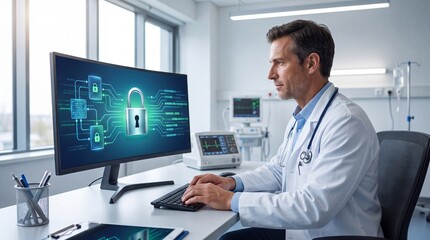 Fototapeta premium Professional physician managing digital healthcare data security protocols at modern clinical workspace computer station with encrypted health information