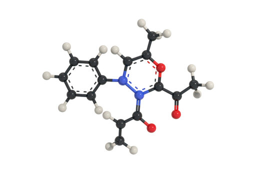 A detailed 3d molecular structure model featuring black, red, blue, and white spheres connected by bonds, isolated on a black background view