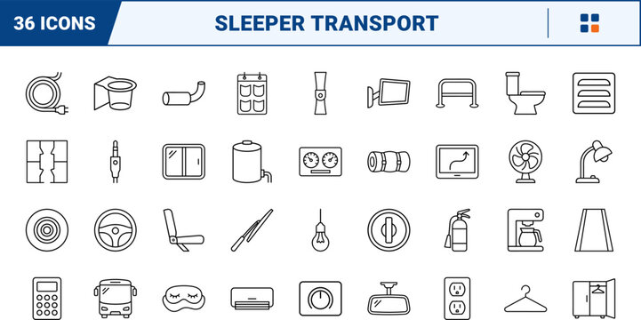 Tour bus bunks line icon set. Vector pictograms of transport, sleeper, cabin, and travel elements, thin linear illustration.