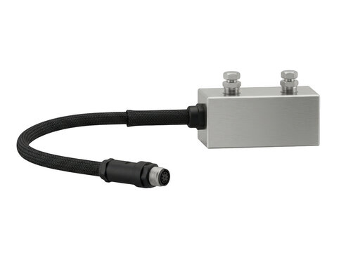 Gray electrical adapter with two prongs and a coiled cable attachment.