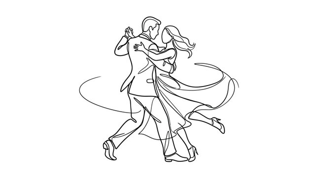Dancing Couple Performing Elegant Ballroom Dance, Continuous Line Art Illustration Isolated on White