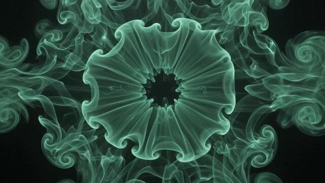 Symmetrical green ink explosion in water forming delicate floral shape on black