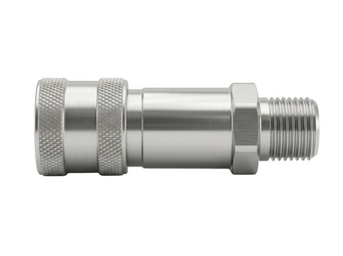 Stainless steel pipe fitting with threaded ends and knurled grip section.