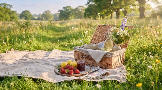 Sunny spring picnic still life setup in a lush green meadow with a wicker basket and fresh fruits
