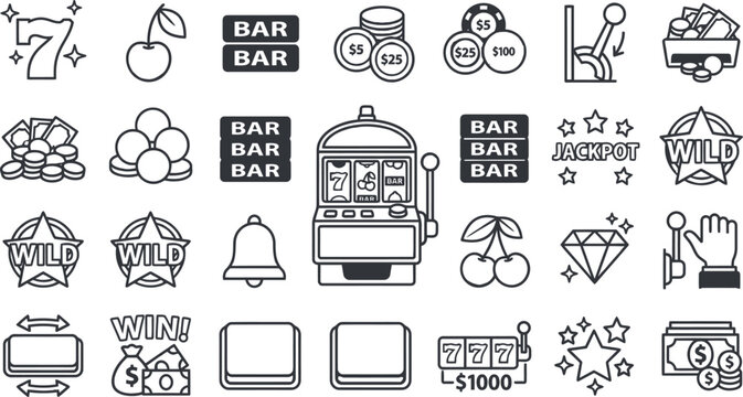 Isolated gambling and casino game elements solid premium linear icon set vector illustration with gambling entertainment winnings solid premium linear icon set vector illustration